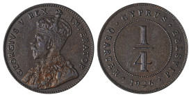 Cyprus. George V, 1910-1936. 1/4 Piastre, 1926, Royal mint, 2.94g (KM16; Fitikides 52). 

Attractive dark brown patina and excellent details. About ex...
