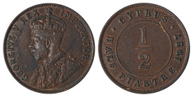 Cyprus. George V, 1910-1936. 1/2 Piastre, 1927, Royal mint, 5.60g (KM17; Fitikides 54). 

Attractive chocolate brown patina and strong details, a scra...
