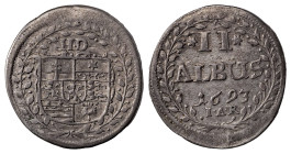German States. Hesse-Darmastadt, Ernst Ludwig, 1678-1739. 2 Albus, 1693, 1.78g (KM82).

Silver patina, very attractive details and some underlying lus...