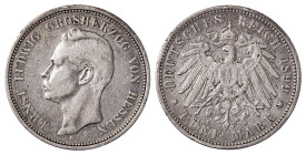 German States. Hesse-Darmastadt, Ernst Ludwig, 1892-1918. 5 Mark, 1899A, 27.55g (KM369).

Uniform wear on both sides, some unsignificant nicks on the ...