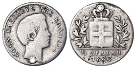 Greece. King Otto, 1832-1862. 1/2 Drachma, 1833, first type, Munich mint (KM19; Divo 14a).

Fine, holed.