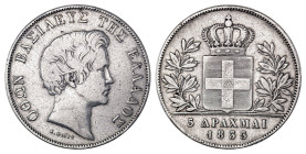 Greece. King Otto, 1832-1862. 5 Drachmai, 1833, First type, Munich mint (KM20, Divo 10a; Dav115).

Attractive silver patina and good details. Very fin...