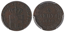 Greece. King Otto, 1832-1862. 2 Lepta, 1839, first type, Athens mint (KM14; Divo 25g).

Attractive brown patina, very good details on obverse and reve...