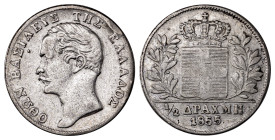 Greece. King Otto, 1832-1862. 1/2 Drachma, 1855, second type, Vienna mint, variety with dot (in front of head) (KM34; Divo 15b).

Uniform wear on both...