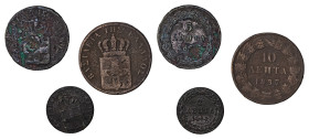 Greece. King Otto, 1832-1862. Lot with 3 coins, comprising : 2 Lepta, 1839 (KM14; Divo 25g); 5 Lepta, unknown date (KM16; Divo -); 10 Lepta, 1837 (KM1...