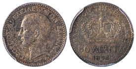 Greece. King George I, 1863-1913. 50 Lepta, 1874A, Paris mint (KM37; Divo 55b).

Attractive dark grey toning, strong details and underlying lustre on ...