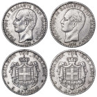 Greece. King George I, 1863-1913. Lot with 2 coins. Comprising of 2 x AR 5 Drachmai 1876A, Paris mint, (KM46; Divo 50b; IV10; Dav. 117).

Fine-Very fi...