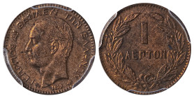 Greece. King George I, 1863-1913. Lepton, 1879, second portrait, Paris mint (KM52). 

Very strong details with red-brown colour. 

Graded MS62RB PCGS.