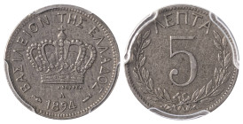 Greece. King George I, 1863-1913. 5 Lepta, 1894A, Paris mint (KM58; Divo 64a).

Sharp details with attractive grey silver patina and underlying lustre...