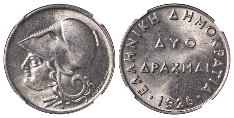 Greece. First Republic, 1924-1935. 2 Drachmai, 1926, Vienna mint (KM70; Divo 107...