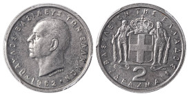 Greece. King Paul, 1947-1964. 2 Drachmai, 1962, Paris mint (KM82; Divo 118d).

Lustrous coin with very sharp details and attractive irridescent patina...