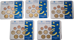 Greece. Third Republic, 1974-. 5 x Blisters, 2002, Euro official coin set, comprising 1,2,5,10,20 and 50 cents, 1 and 2 euro. First euro coin-set of G...