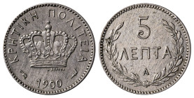 Greece, Crete. Prince George, 1898-1906. 5 Lepta, 1900A, Paris mint, 2.00g (KM3; Divo 136).

Very attractive details and patina. Extremely fine.