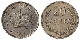 Greece, Crete. Prince George, 1898-1906. 20 Lepta, 1900A, Paris mint, 3.91g (KM5; Divo 134). 

Very attractive details with uniform patina. Good very ...