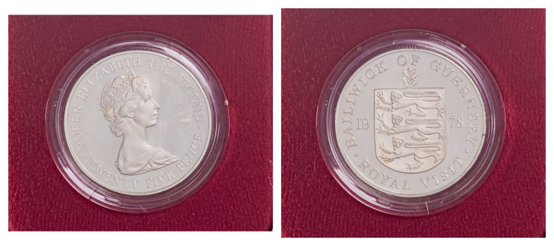 Guernsey. Elizabeth II, 1952-. 25 Pence, 1978, Royal Visit, 28.28g (KM32a).

Pro...