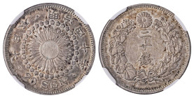Japan. Meiji, 1867-1912. 20 Sen, 1907 Yr40 (Y30).

Attractive cabinet grey patina and excellent details.

Graded AU58 NGC.