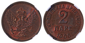 Montenegro. Nicholas I, 1860-1918. 2 Pare, 1906 (KM2).

Sharp details with attractive red-brown colour and lustre on both sides.

Graded MS64RB NGC.