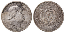 Montenegro. Nicholas I, 1860-1918. 2 Perpera, 1910, 10.00g (KM7).

Good details with some black areas in the obverse and some gold-silver toning on th...