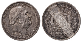 Montenegro. Nicholas I, 1860-1918. Perper, 1914, 5.00g (KM14).

Strong details, attractive grey-gold tone on obverse and uneven patina on the reverse....