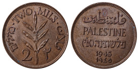 Palestine. British Mandate, 1920-1948. 2 Mils, 1945, Royal mint, 7.79g (KM2).

Brown chocolate patina with some traces of red mint bloom on both sides...