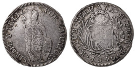 Peru, Republic, 1826-. 8 Reales, 1840, Lima MB, 25.61g (KM142.3)

Some strike weaknesses on the centre of both sides. Fine.