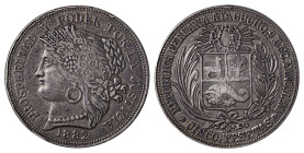 Peru, Republic, 1826-. 5 Pesetas, 1882 LM, Ayacucho mint, 24.83g (KM201.3).

Attractive grey patina, very good details for this scarce mint and some m...
