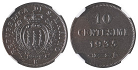 San Marino. Republic, 1864-. 10 Centesimi, 1935R, Smooth edge (KM13).

Excellent surfaces with sharp details, attractive brown patina and a lot of rem...