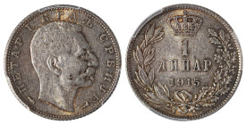 Serbia. Peter I, 1903-1918. Dinar, 1915, coin alignment, without designer's name (KM25.4).

Attractive light grey silver patina with extremely good de...