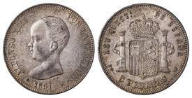Spain, Alfonso XIII, 1886-1931. 5 Pesetas, 1891 PG-M, 25.00g (KM689).

Very strong details, grey-silver patina with underlying lustre on both sides. A...