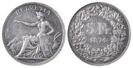 Switzerland. Confederation, 1848-. 5 Francs, 1874B, Bern mint (KM11).

Light silver tone, some marks and polished, but decent details.

Graded VF Deta...