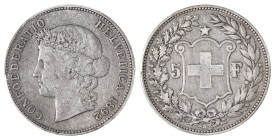 Switzerland. Bern. 5 Francs, 1892B, Bern mint (KM34; Divo/Tob 297).

Good details with some scratches on the obverse and attractive surfaces on both s...