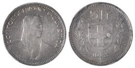 Switzerland. Bern. 5 Francs, 1923B, Bern mint, large type (KM37; Divo/Tob 298).

Full details with attractive light toning on both sides.

Graded XF45...