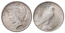 USA. Dollar “Peace Dollar”, 1922, Philadelphia mint, 26.69g (KM150). 

Full lustre, excellent silver toning and sharp details. About uncirculated.
