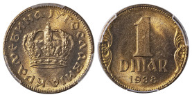 Yugoslavia. Peter II, 1934-1945. Dinar, 1938, Paris mint (KM19).

Fully lustrous coin with very sharp details.

Graded MS66 PCGS.