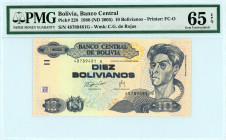 Bolivia
Banco Central
10 Bolivianos, 1986 (ND 2005)
S/N 48789481G
Wmk. C.G.de Rojas
Pick 228

Graded Gem Uncirculated 65 EPQ PMG