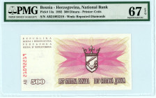 Bosnia-Herzegovina
National Bank
500 Dinara, 1992
S/N AB21092219
Wmk. Repeated Diamonds
Pick 14a

Graded Superb Gem Uncirculated 67 EPQ PMG