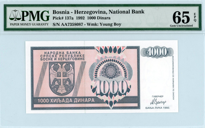 Bosnia-Herzegovina
National Bank
1000 Dinara, 1992
S/N AA7358087
Wmk. Young Boy
...