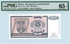 Bosnia-Herzegovina
National Bank
1000 Dinara, 1992
S/N AA7358087
Wmk. Young Boy
Pick 137a

Graded Gem Uncirculated 65 EPQ PMG