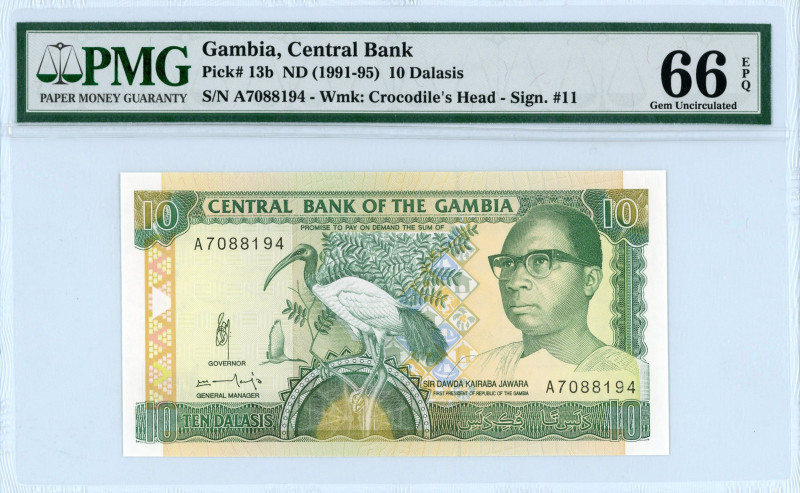 Gambia
Central Bank
10 Dalasis, No Date (1991-1995)
S/N A7088194
Wmk. Crocodile'...