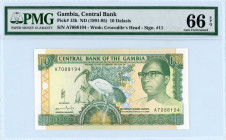 Gambia
Central Bank
10 Dalasis, No Date (1991-1995)
S/N A7088194
Wmk. Crocodile's Head - Sign.#11
Pick 13b

Graded Gem Uncirculated 66 EPQ PMG