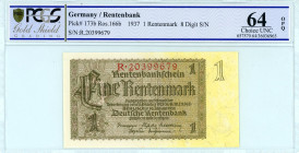 Germany
Rentenbank
1 Rentenmark, 1937
S/N R.20399679 
Pick 173b

Graded Choice Uncirculated 64 OPQ PCGS Gold Shield
