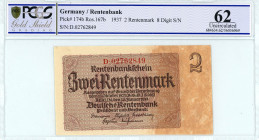 Germany
Rentenbank
2 Rentenmark, 1937
S/N D.02762849
Pick 174b

Graded Uncirculated 62 PCGS Gold Shield