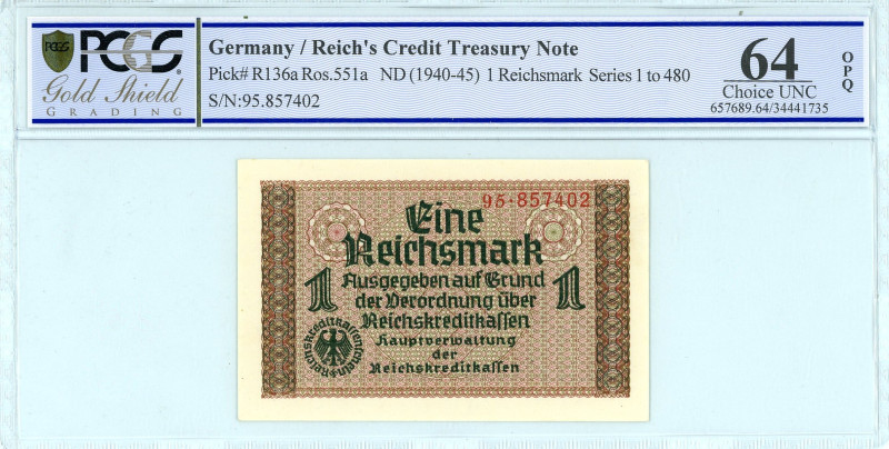 Germany
Reich's Credit Tresury Note
1 Reichsmark, No Date 1940-1945)
S/N 95.8574...