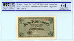 Germany
Reich's Credit Tresury Note
2 Reichsmarks, No Date (1940-1945)
S/N J.4351110
Pick R137a

Graded Choice Uncirculated 64 OPQ PCGS Gold Shield