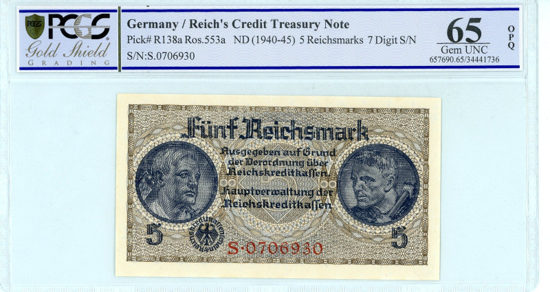 Germany
Reich's Credit Tresury Note
5 Reichsmarks, No Date (1940-1945)
S/N S.070...
