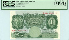 Great Britain
Bank of England
1 Pound, No Date (1955-1960)
S/N D45L 067111
Wmk. Head of Minerva
Pick 369c

Graded Extremely Fine 45 PPQ PCGS CURRENCY