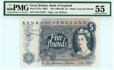 Great Britain
Bank of England
5 Pounds, No Date (1962-1966)
S/N L36 414271
Wmk. Laureate Heads 
Pick 375a

Graded About Uncirculated 55 PMG