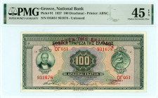 Greece
National Bank of Greece (ΕΘΝΙΚΗ ΤΡΑΠΕΖΑ ΤΗΣ ΕΛΛΑΔΟΣ)
100 Drachmai, 14th June 1927
S/N ΟΓ051931678
Printer ABNC
Pick 91; Pitidis 87

Graded Choi...
