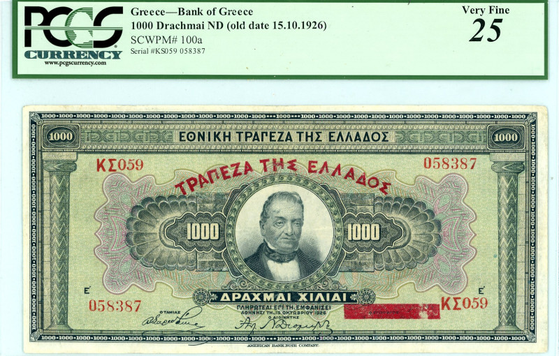 Greece
 Bank of Greece (ΤΡΑΠΕΖΑ ΤΗΣ ΕΛΛΑΔΟΣ)
1000 Drachmai, 15th October 1926 (o...