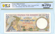 Greece
Bank of Greece (ΤΡΑΠΕΖΑ ΤΗΣ ΕΛΛΑΔΟΣ)
50 Drachmai, 1st September 1935
S/N AΘ=024 620500
Printer BDF
Pick 104a; Pitidis 103

Graded Choice About ...